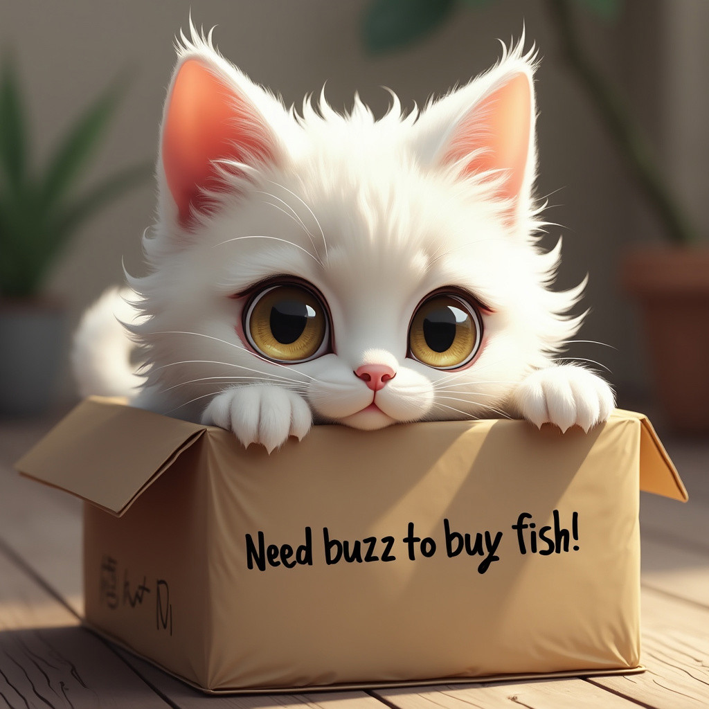 Cute white haired cat girl inside a box with a text "Need buzz to buy fish."