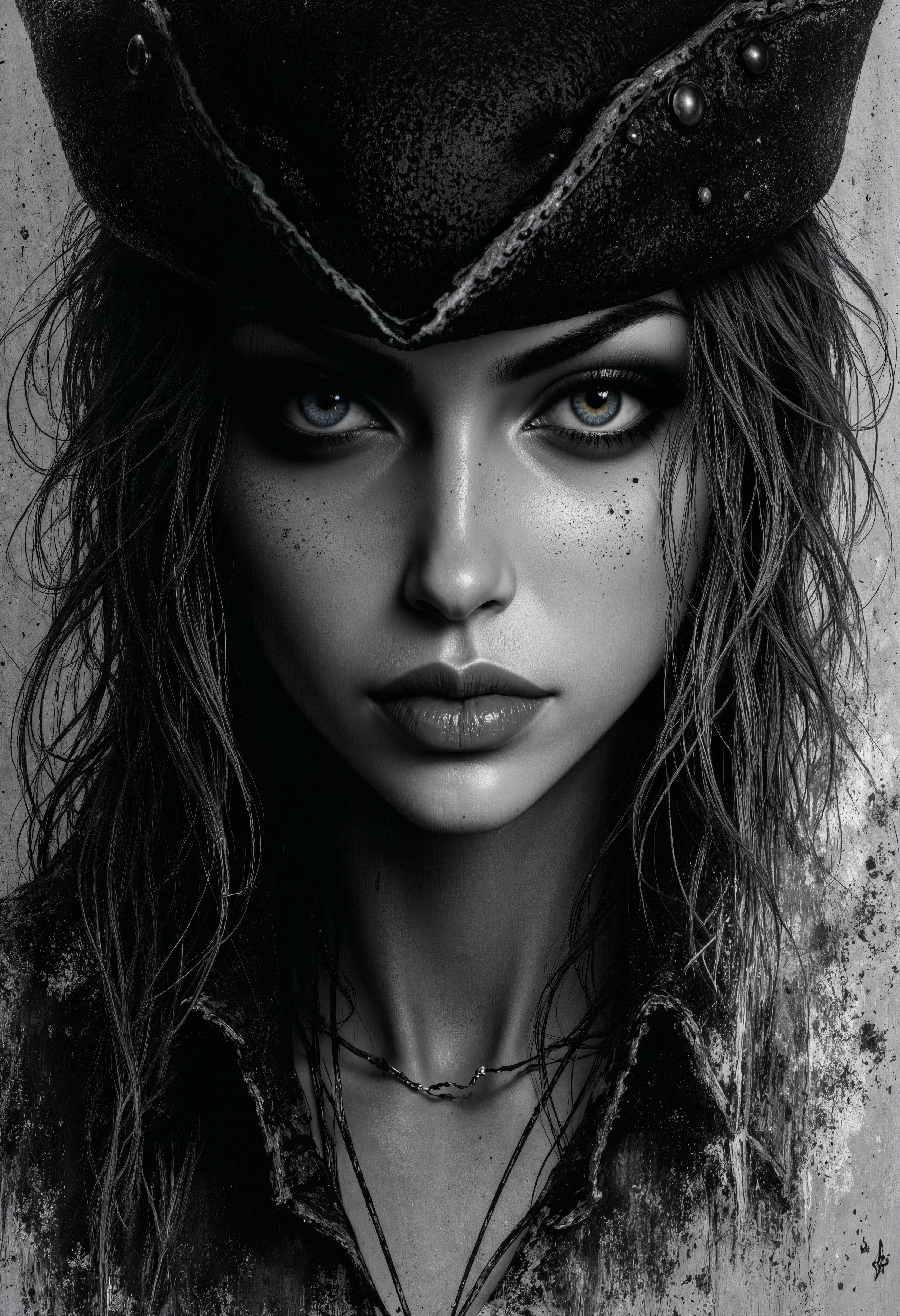 sexy, Dark Moody Atmosphere, Avant-garde, painting, sexy, erotic, best quality, masterpiece (Luis Royo style drawing), detailed face, face in sharp focus and intricate detail, extremely detailed, great lighting, BREAK, quality, intricate details, Mystical light, Fog., sexy, beautiful Lady Maria, her silver hair showing from under her hat, piercing eyes, sultry, mesmerising expression, black magic fantasy, dark and moody, upper body shot, shafts of light, High Definition HD, High Detail, Perfect Composition,  <lora:FluxLadyMaria:1> <lora:FluxMythP0rtr4itStyle:0.7>  <lora:aidmaHyperrealism:0.5> aidmaHyperrealism
