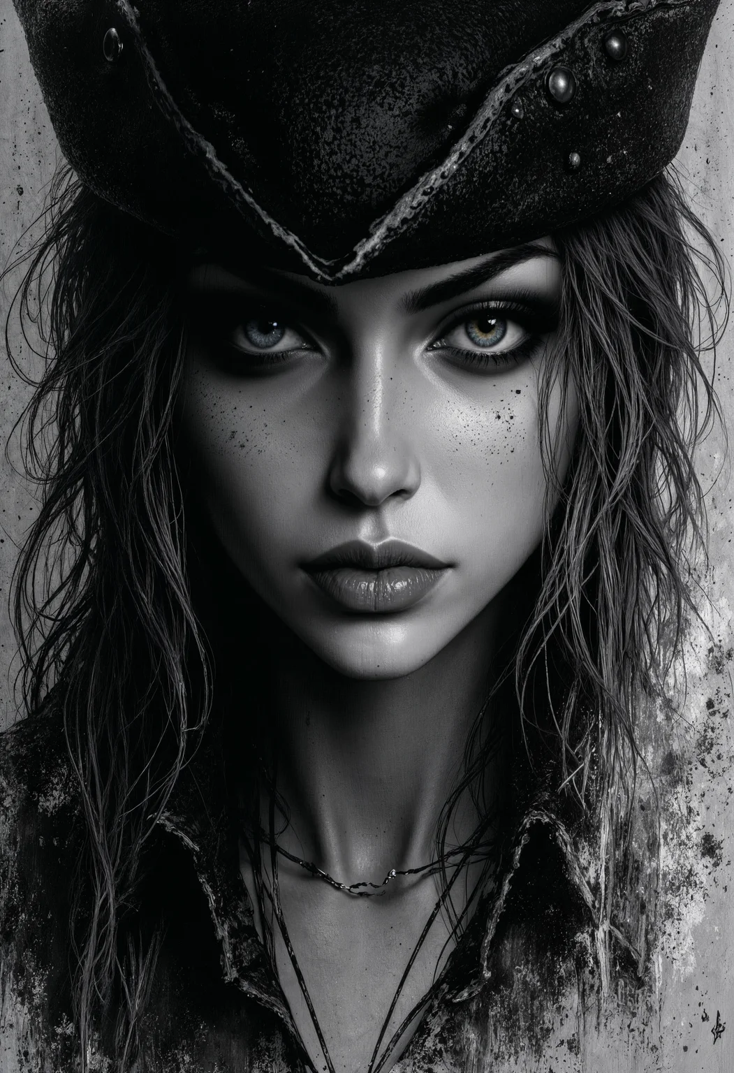 sexy, Dark Moody Atmosphere, Avant-garde, painting, sexy, erotic, best quality, masterpiece (Luis Royo style drawing), detailed face, face in sharp focus and intricate detail, extremely detailed, great lighting, BREAK, quality, intricate details, Mystical light, Fog., sexy, beautiful Lady Maria, her silver hair showing from under her hat, piercing eyes, sultry, mesmerising expression, black magic fantasy, dark and moody, upper body shot, shafts of light, High Definition HD, High Detail, Perfect Composition, <lora:FluxLadyMaria:1> <lora:FluxMythP0rtr4itStyle:0.7> <lora:aidmaHyperrealism:0.5> aidmaHyperrealism
