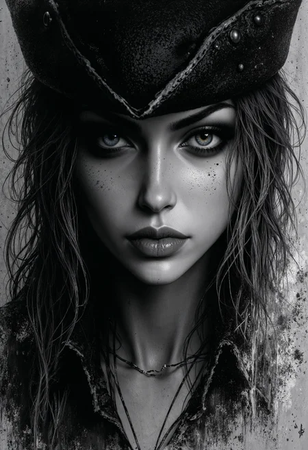 sexy, Dark Moody Atmosphere, Avant-garde, painting, sexy, erotic, best quality, masterpiece (Luis Royo style drawing), detailed face, face in sharp focus and intricate detail, extremely detailed, great lighting, BREAK, quality, intricate details, Mystical light, Fog., sexy, beautiful Lady Maria, her silver hair showing from under her hat, piercing eyes, sultry, mesmerising expression, black magic fantasy, dark and moody, upper body shot, shafts of light, High Definition HD, High Detail, Perfect Composition, <lora:FluxLadyMaria:1> <lora:FluxMythP0rtr4itStyle:0.7> <lora:aidmaHyperrealism:0.5> aidmaHyperrealism