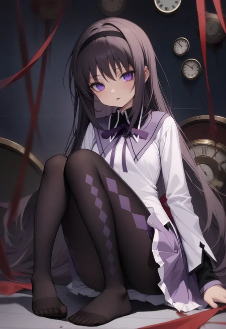 masterpiece,best quality,very aesthetic,absurdres,<lora:akemi_homura:1>,1girl,absurdres,akemi_homura,argyle_clothes,argyle_legwear,black_hairband,black_pantyhose,blood_from_eyes,clock,commentary,facing_viewer,full_body,highres,long_hair,long_sleeves,neck_ribbon,no_shoes,on_floor,parted_lips,purple_eyes,purple_ribbon,purple_skirt,red_ribbon,sitting,solo,white_shirt,