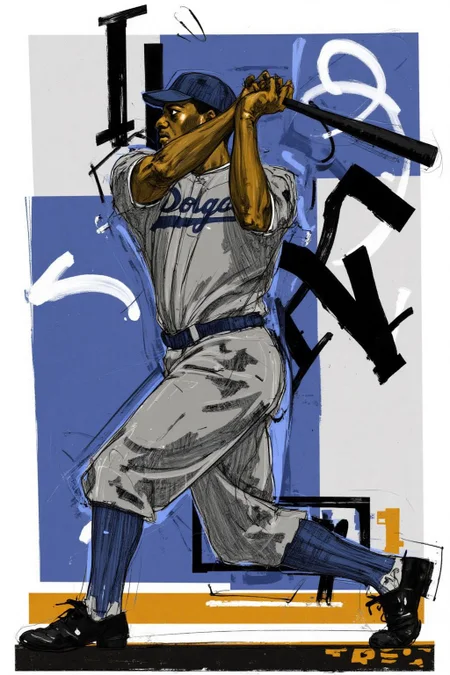 poster illustration.
An African American baseball player, show in side profile, is in mid-swing, with a baseball bat raised high above his shoulder. He is dressed in a vintage baseball uniform from the 1950s, with the word "Dodgers" written on the chest. He wears a blue baseball cap and blue socks. <lora:posterillustration_cap_d8a4e11:1.0><lora:846200959521525936:0>