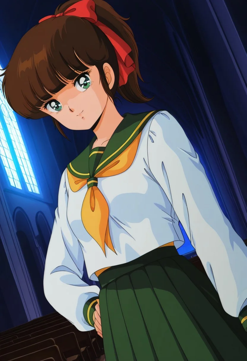 general,highres, ultra-detailed,very aesthetic,best quality ,best hands,best eyes,easynegative,
dynamic anglre, dutch angle, anime cloring,anime screencap,
1girl solo,looking at viewer,smile,hand on hip,church, indoors, dark room, 
Midori,brown_hair, ponytail, hair ribbon, red ribbon, small breasts, short body, petite, 1980s (style),school uniform,