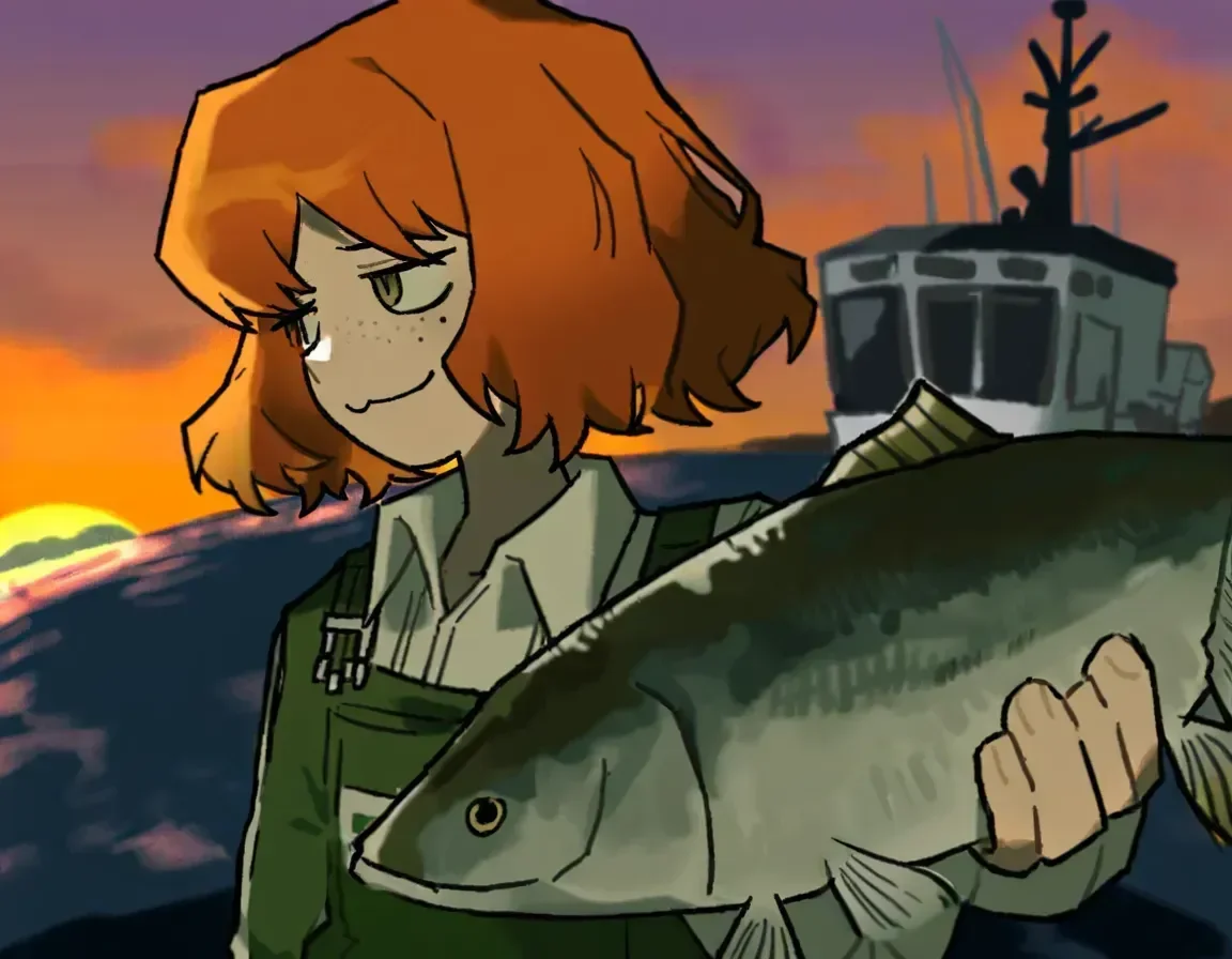 syakunetuu,1girl, ishmael \(project moon\), limbus company, holding fish, fish, green overalls,collared shirt, smug,short hair,no headwear,freckles,sunset,watercraft,outdoors,solo, <lora:syakunetuu-000030:1>
