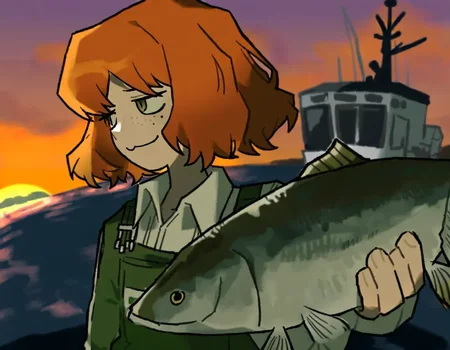 syakunetuu,1girl, ishmael \(project moon\), limbus company, holding fish, fish, green overalls,collared shirt, smug,short hair,no headwear,freckles,sunset,watercraft,outdoors,solo, <lora:syakunetuu-000030:1>