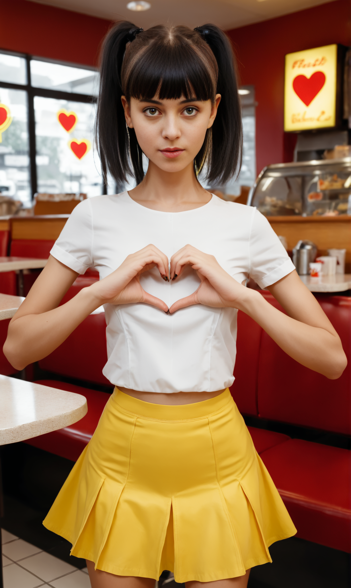 slim girl in a fast food restaurant  ,  fiheartcl,  making heart with hands, yellow short skirt and white blouse   , (dark short wild hairstyle)   <lora:FingerHeart:.8>