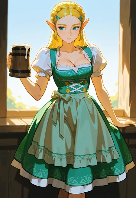 1girl, solo, dirndl dress,apron,puffy short sleeves, princess_zelda,beer mug,