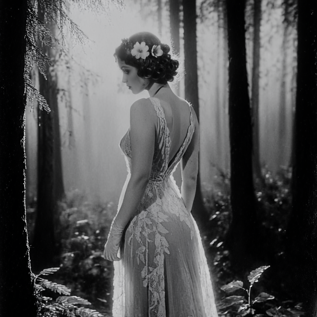 <lora:20s_Silent_MovieSDXL:1> ArsMovieStill, 20s Silent Movie Still, Black and White, The image is a black and white photograph of a woman standing in a forest. She is wearing a long flowing dress with a deep V-neckline and a lace overlay. The dress is long and flowy reaching her knees. The woman is standing in the center of the image with her back to the camera facing away from the camera. She has her hair styled in an updo with a flower in her hair. The background is filled with tall trees and foliage and the sunlight is shining through the trees creating a dappled effect on the woman's face. The overall mood of the photograph is mysterious and ethereal., 1girl, greyscale, monochrome, solo, dress, nature, forest, breasts, gloves, elbow gloves