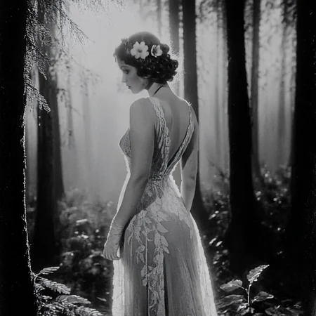 <lora:20s_Silent_MovieSDXL:1> ArsMovieStill, 20s Silent Movie Still, Black and White, The image is a black and white photograph of a woman standing in a forest. She is wearing a long flowing dress with a deep V-neckline and a lace overlay. The dress is long and flowy reaching her knees. The woman is standing in the center of the image with her back to the camera facing away from the camera. She has her hair styled in an updo with a flower in her hair. The background is filled with tall trees and foliage and the sunlight is shining through the trees creating a dappled effect on the woman's face. The overall mood of the photograph is mysterious and ethereal., 1girl, greyscale, monochrome, solo, dress, nature, forest, breasts, gloves, elbow gloves