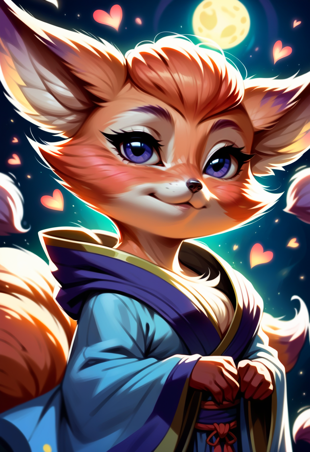 score_9, score_8_up, score_7_up, score_6_up, score_5_up, score_4_up, 1woman,  digital art, beautiful eyes, softcolors, vulpera, wearing a robe, floating hearts, extremely cute