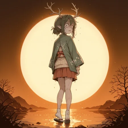 masterpiece,best quality,amazing quality, (mature, adult, solo:1.2),
Chiaroscuro Lighting, front light, Volumetric Lighting, light depth, dramatic atmospheric lighting,, sunrise,
1girl, brown, brunette, large eyes, dark green eyes, scared, tall, feet, wet, pale skin, marble skin, pointy ears,
light white clothes, kimono, kimono on shoulders, open kimono, mismatched footwear, antlers, large antlers,
wool sweater, skirt,
from behind, looking back, cinematic view, ,
celestial shrines,
<lora:DetailedPerfect_hands_r1:1> <lora:feet_anime_il_v3:1> <lora:Add_Details_v1.2:1> <lora:anime_screencap:0.4> <lora:S4bit4mago:0.8> S4bit4mago_illu, <lora:LineArt Mono Style LoRA_Pony XL v6:0.6> <lora:Amberline1.0:0.6> cel-shading, illustration <lora:Beatrix_Potter_Style_illustrious:0.8> Bpstyle <lora:flat_color_anime_xl:0.3> fca style <lora:Granblue Fantasy XLV2:0.4> <lora:Orenji-IL:0.6> orenji <lora:mesugaki_Illust_v1:0.3> mesugaki <lora:1r1d3sc3nc3XLP:0.3> 1r1d3sc3nc3