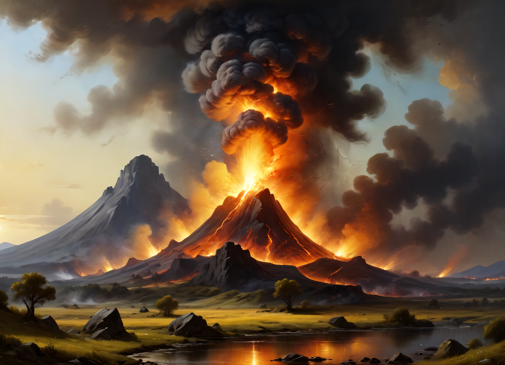 (minior yellow core:1.16), (charles-francois daubigny \(artist\) inspired artwork:1.19), ([ realistic photo ] composition:1.14), sakaguchi karina, completely metal, volcanic eruption, ancient roman style