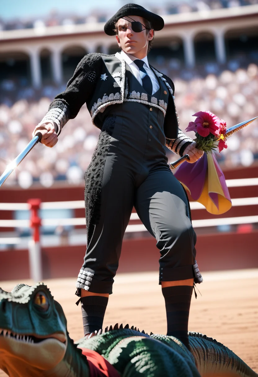 score_9, score_8_up, score_7_up, tr4j3, 1boy,from below, eyepatch, twirling cape, cape, holding weapon, weapon,, montero, jacket, pants, navy traje, gems, flower design, bulge, (fighting dinosaur in bullring:1.5), bullring, spectators, blurry background <lora:traje_PNY_Panache-000010:1>