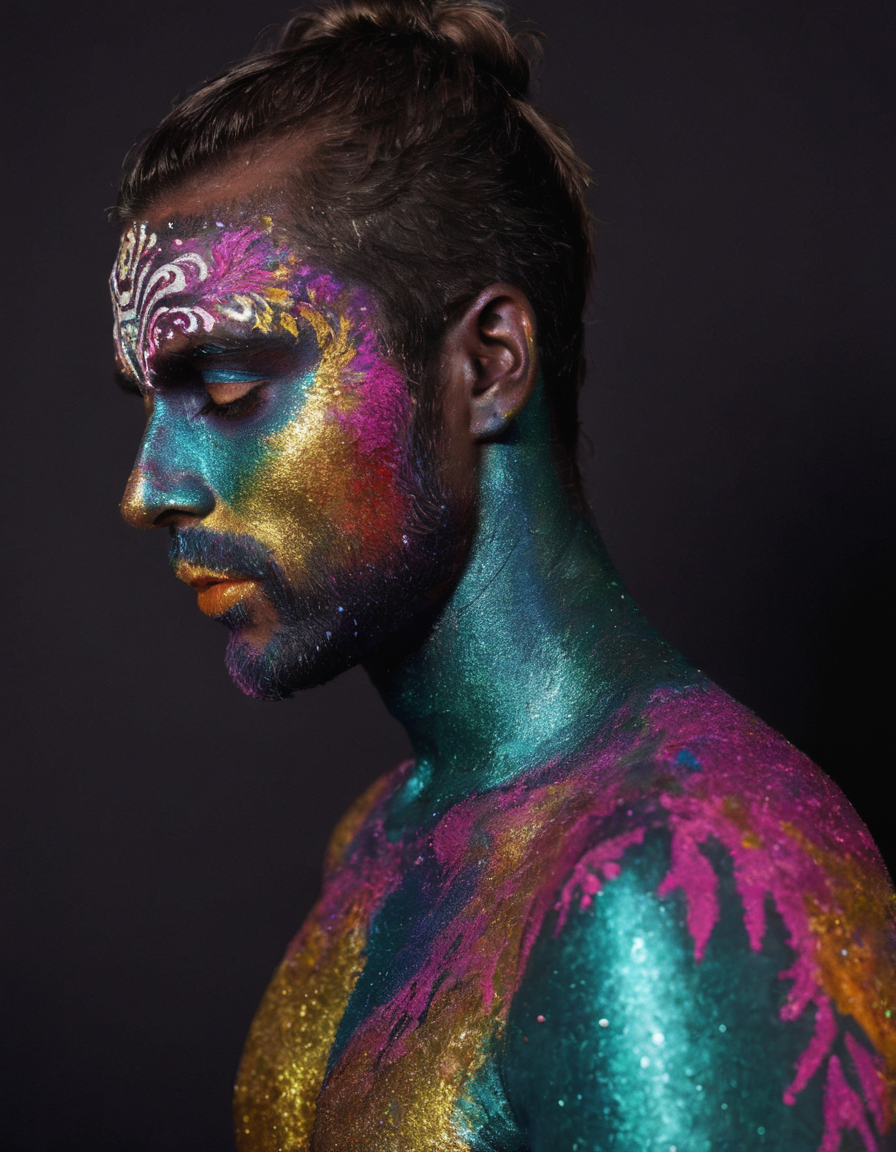 <lora:glitt3r:0.6>glitt3r a man upper body black background vibrant colors intricate face paint