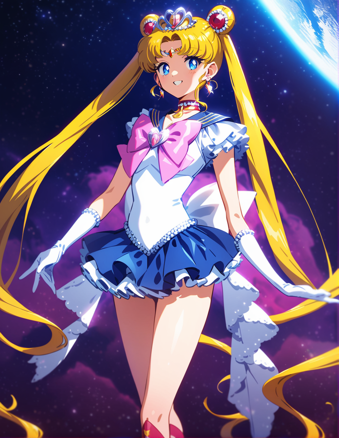 1girl, solo, <lora:sdxl-lyco-princess-sailormoon-animagine_xl_3_1-prodigy-v2-1-1-000020:1:lbw=0,0,0,0,0,0,0,0,1,1,0,0,0,0,1,1,1,0,0,0,0,0,0,0,0,0>, princesssailormoon, double bun, twintails, circlet, earrings, frill, choker, tiara, bow, white leotard,gloves, miniskirt, standing  ,smile, best quality, very aesthetic, ultra-detailed, intricate details, 4k,, newest, (retro:-1.0) ,(1990s:-1.0), BREAK  on a starship