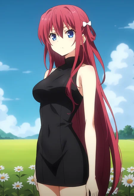 score_9, score_8_up, score_7_up, source_anime, 2d, Amane Suou, 1girl, burgundy hair, long hair, blue eyes, big breasts, white hair ornament, anime coloring, anime screencap, detailed eyes, zPDXL, perfect faces, uncensored, rating_explicit, <lora:amane_suou_0-000030:1>, black sleeveless dress, field,