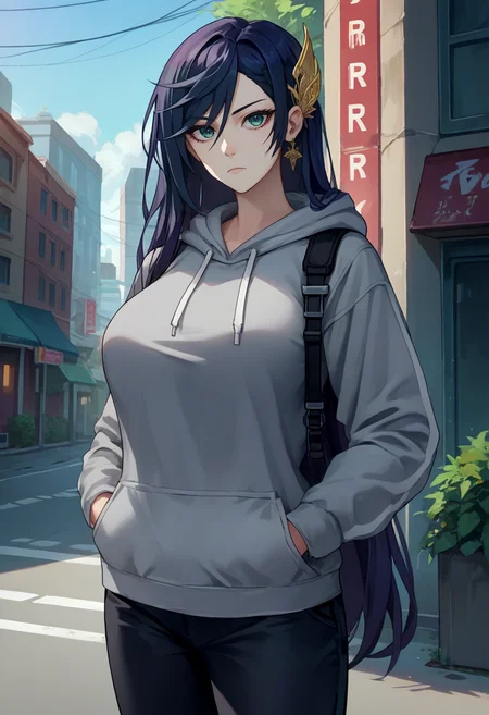 score_9, score_8_up, score_7_up, source_anime, solo, 1girl, rorbrunhilde, expressionless, looking at viewer, hand in pocket, hair ornament, grey hoodie, black pants, large breasts, outdoors, city street <lora:ror_brunhilde_ponyXL:1>