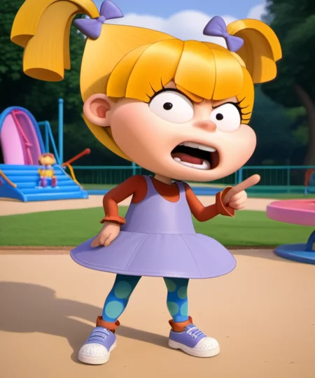 1girl, ang2021, official style, looking at viewer, pointing, child, blonde hair, twintails, angry, dress, bow, shoes, open mouth, hair bow, short twintails, pantyhose, park playground, <lora:ang2021>,