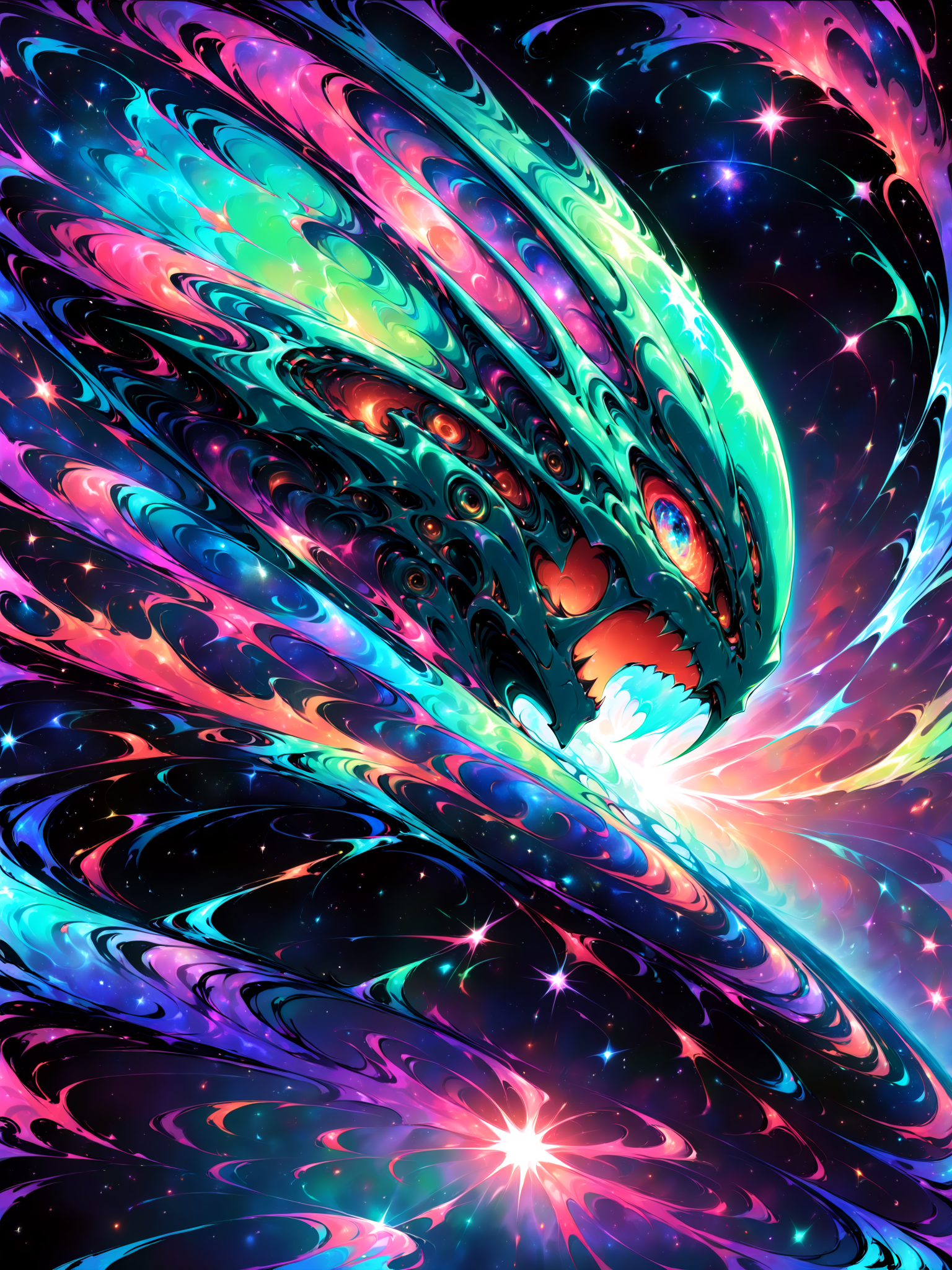 anime, masterpiece, best quality, 1girl, alien, teal skin, hair made of out space particles, very detailed, high resolution, sharp, sharp image, 4k, 8k, masterpiece, best quality, magic effect, high contrast, <lora:SDXLFaeTastic2400:1>