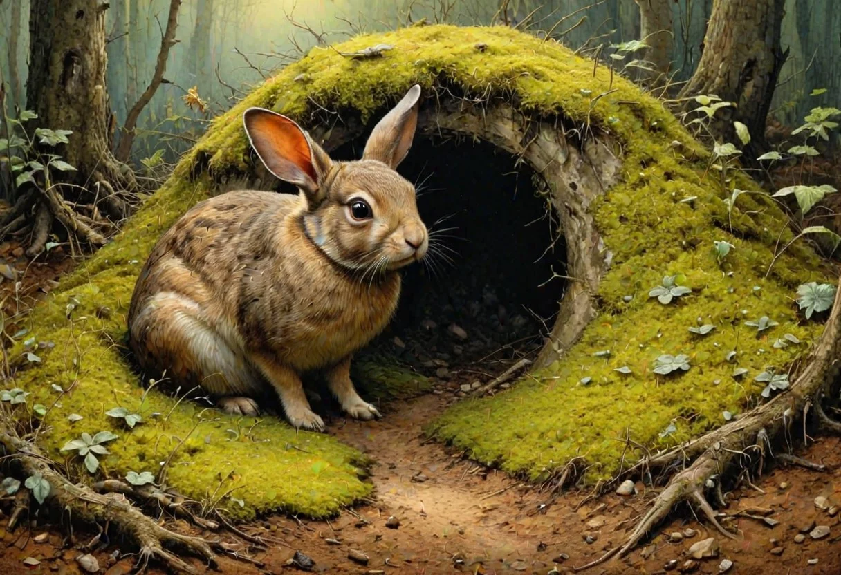 classic storybook drawing, STYLE: "A fusion of Raimundo de Madrazo y Garreta + Moebius modern art ink drawing beautiful detailed mysterious ominous." :: encaustic, finely crafted thick impasto matte skin tones, painting, textured brush strokes, on canvas board, a frightened rabbit emerging cautiously from its burrow, its ears perked up, wide eyes filled with fear and curiosity, soft fur detailed with fine texture, early morning light casting long shadows over the forest floor, the burrow partially hidden under moss and roots, atmosphere of tension and vulnerability, cinematic lighting, ultra-detailed, photorealistic animal anatomy, natural environment, full body, sharp details, complex contrast, matte, big eyes, ink, watercolor effects, highly detailed,
The golden ratio and geometric principles guide element placement, ensuring harmony and order.