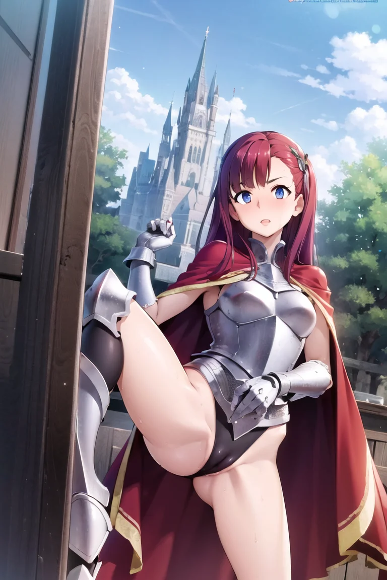 1girl,solo, detailed eyes, silver armor, red cape , long hair, red hair, <lora:geewhy-25:1>,castle, hills,