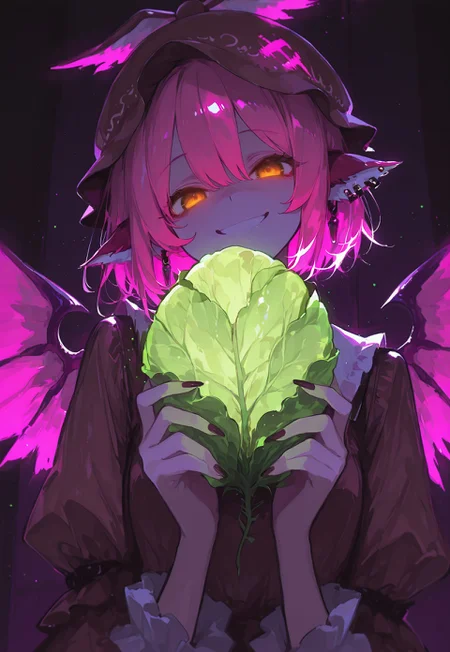 masterpiece, best quality, amazing quality, very aesthetic, absurdres, newest, highres, 4k,8k,Ultra HD, extremely detailed, ultra detailed face, detailed eyes,
1girl, mystia lorelei, solo focus, brown eyes, pink hair, short hair, animal ears, earrings, wings,
hat, winged hat, brown dress, puffy sleeves, juliet sleeves,
upper body, wide open eyes, (glowing eyes:1.5), smile, looking at viewer,
holding a cabbage, correct fingers,
dark background,
raytracing, ambient occlusion, volumetric lighting, light particles, high contrast, spotlight,
front view,
xxx667_illu, glowing, LeIsT0_illu, usnr, luminescent color