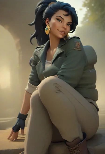 (score_9, score_8_up, score_7_up), score_6_up, best quality, masterpiece, extreme detail, perfect lighting, 4k, 2d, rating_explicit, nsfw, very detailed, best quality, highly detailed texture, depth of field, masterpiece, BREAK, 1girl, ChelXLP, chel, majestic,beautiful bright pupils, black hair, ((ponytail)),green earrings, cute face, (gorgeous face:1.3), (skin detail:1.3), (shadows:1.3), large breasts,
(((
hoop earrings, tattered leather jacket with patches, fingerless gloves, cargo pants with utility belts, knee-high combat boots,
))),
solo,
fantasy, solo focus,epic, concept art, realistic, highly detailed, looking at viewer, dark skin, looking at the viewer, detailed, intricate details, realistic,((( zoomed out shot))), tan skin,csr style,g4n1m3,Sculpted grace