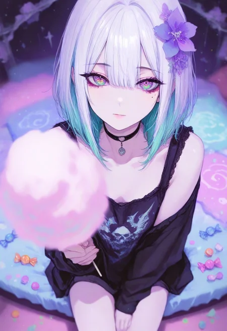masterpiece, newest,absurdres, incredibly absurdres, ,gyuing_illu,1girl, solo, mole,  multicolored eyes, looking at viewer, choker, mole under eye, short hair, multicolored hair, flower, medium hair,cotton candy bed,sitting,  candy, foreshortening, depth of field,