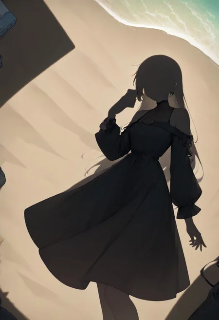 masterpiece, best quality, newest, absurdres, highres,
anime, anime style, 1girl, DSMV1.0, shadow, outdoors, beach, silhouette, meme, dress, black dress,