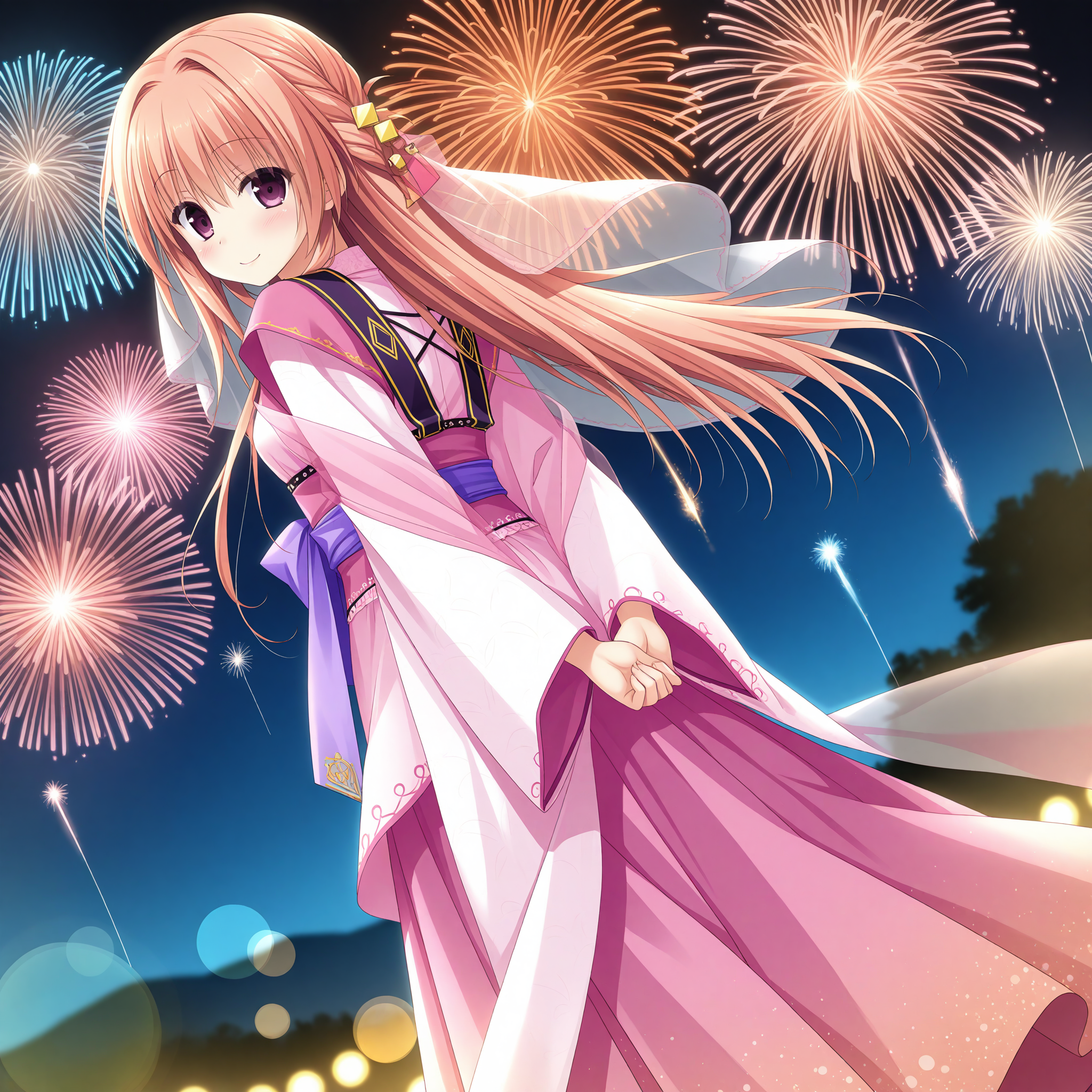 <lora:Hatsuhime_Iroha_1_nai-000043:1>,Hatsuhime Iroha,
hair bell,japanese clothes,long sleeves,purple sash,wide sleeves,pink kimono,pink dress,see-through veil,layered dress,see-through shawl,long dress,
BREAK
1girl,solo,smile,looking at viewer,looking back,from behind,arms behind back,standing,dutch angle,night,aerial fireworks,firework background,standing,depth of field,lens_flare,