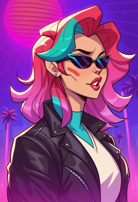 orc female, score_9, score_8_up, score_7_up, BREAK, <lora:balsamique-guy-PONYv1:1>, 1girl, solo, <lora:gwentd-guy-ponyv1:0.9> gwentd, two-tone hair, lipstick, leather jacket, sunglasses, outdoors, city, depth of field, portrait, synthwave, sunset, wireframes, red sun, vaporwave, neon palette, neon lights,