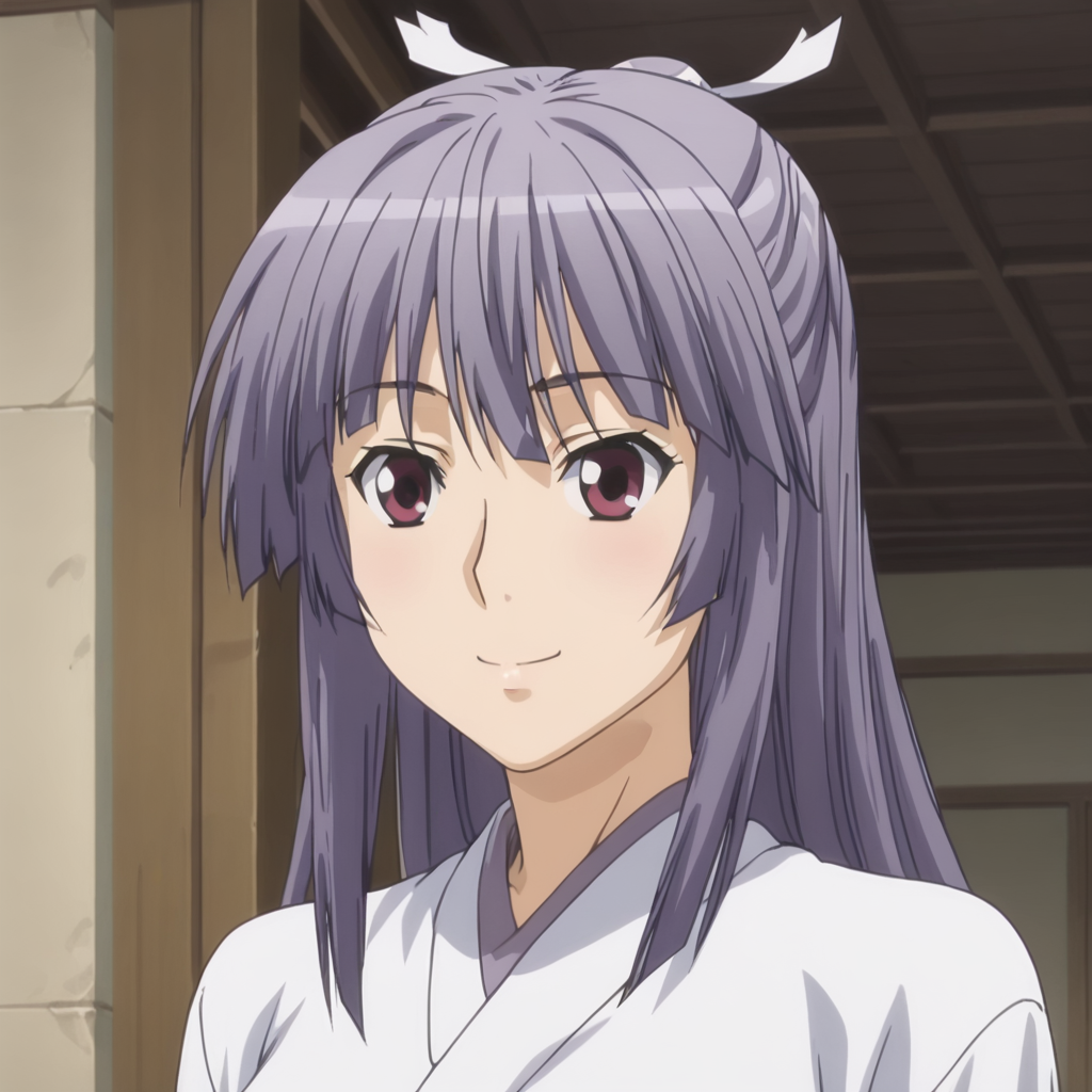 <lora:Slimes_Miya:1>, slimes_miyaasama, woman, hands behind back, smiling, temple background