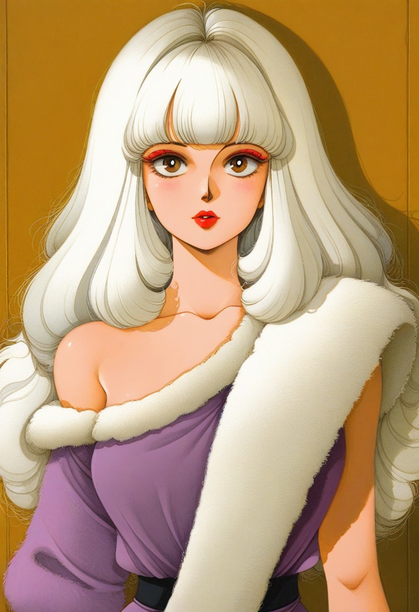masterpiece, best quality, very aesthetic, absurdres, 
1girl, upper body, solo, roxy \(jem and the holograms\), retro artstyle, 1980s \(style\), brown eyes, white hair, long hair, bangs, makeup, lips, lipstick, red lips, BREAK, 
purple shirt, fur shirt, single sleeve, single bare shoulder, 
detailed background, 
fr-pi-il