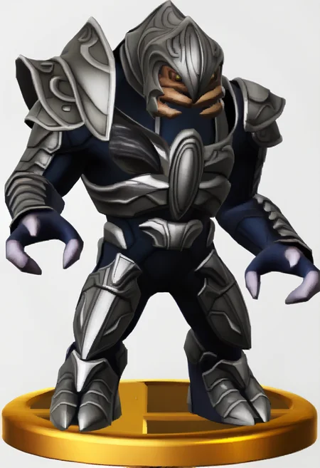 solo, 1boy, <lora:zs_SmashTrophiesXL:1> smashtrophies, faux figurine, 3d, full body, white background, standing, <lora:arbiter-halo-richy-v1_pdxl:1> arbiter, mandibles, helmet, grey armor, shoulder armor, 3 fingers