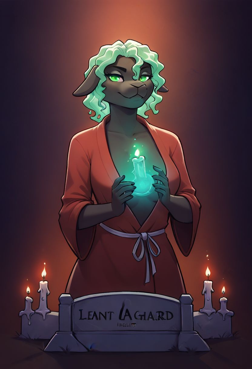 score_9, score_8_up, score_8, 1girl, , smooth, anthro sheep, detailed, perfect, red velvety robe, high quality, high definition, necromancer, glowing green eyes, casting a spell, raising a skeleton from a grave, cemetery, glowing green magic, dark sky, haunted graveyard, candles burning, green glow