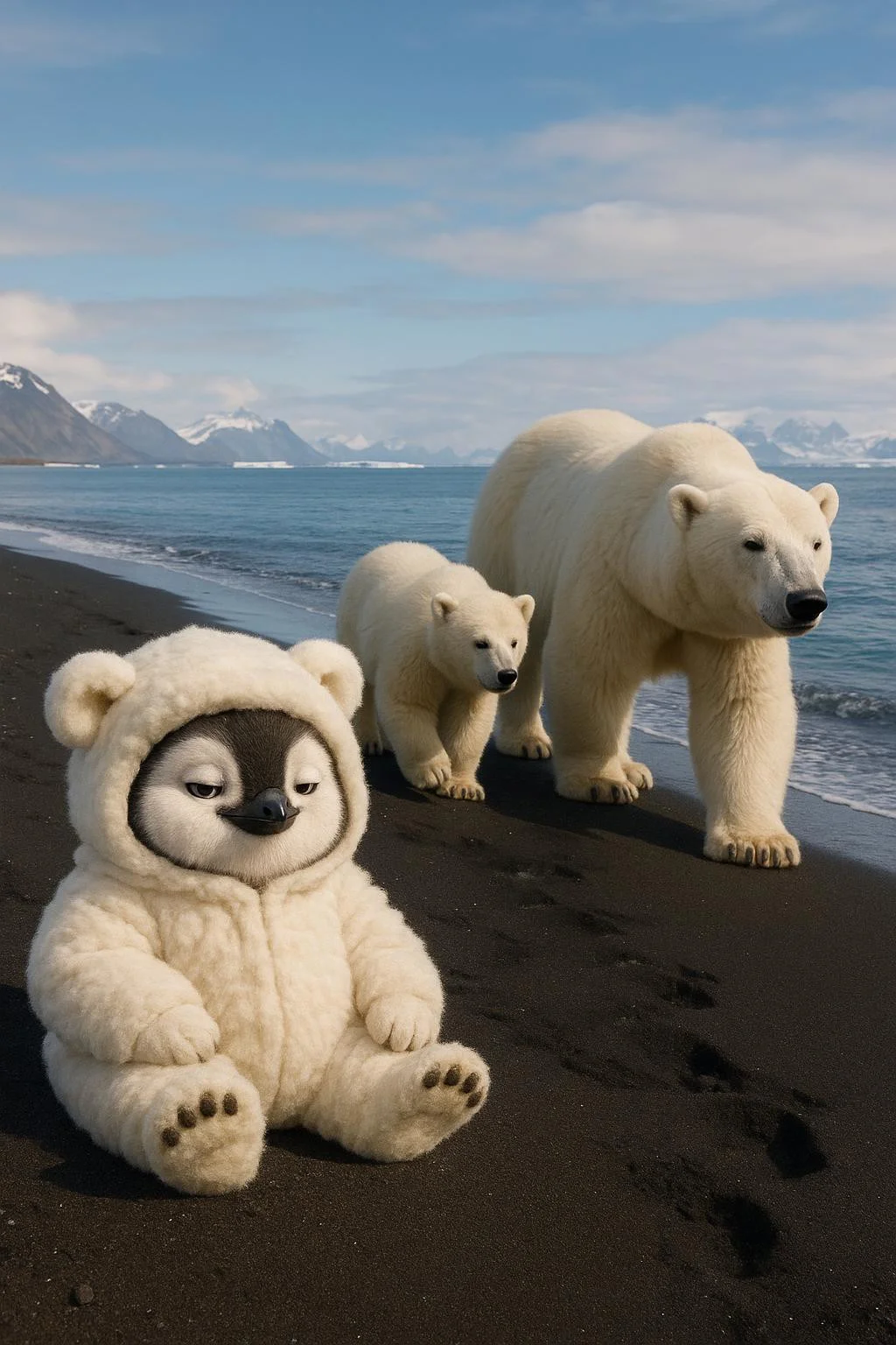 Generate me a cute fluffy smug penguin in a polar bear costume sitting by a polar bear family walking on the beach. The background is of the artic. They are all on a black sand beach next to the blue artic water. fluffy, realistic, 8k, uhd, high quality, depth of field,