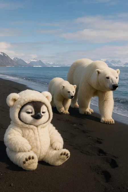 Generate me a cute fluffy smug penguin in a polar bear costume sitting by a polar bear family walking on the beach. The background is of the artic. They are all on a black sand beach next to the blue artic water. fluffy, realistic, 8k, uhd, high quality, depth of field,