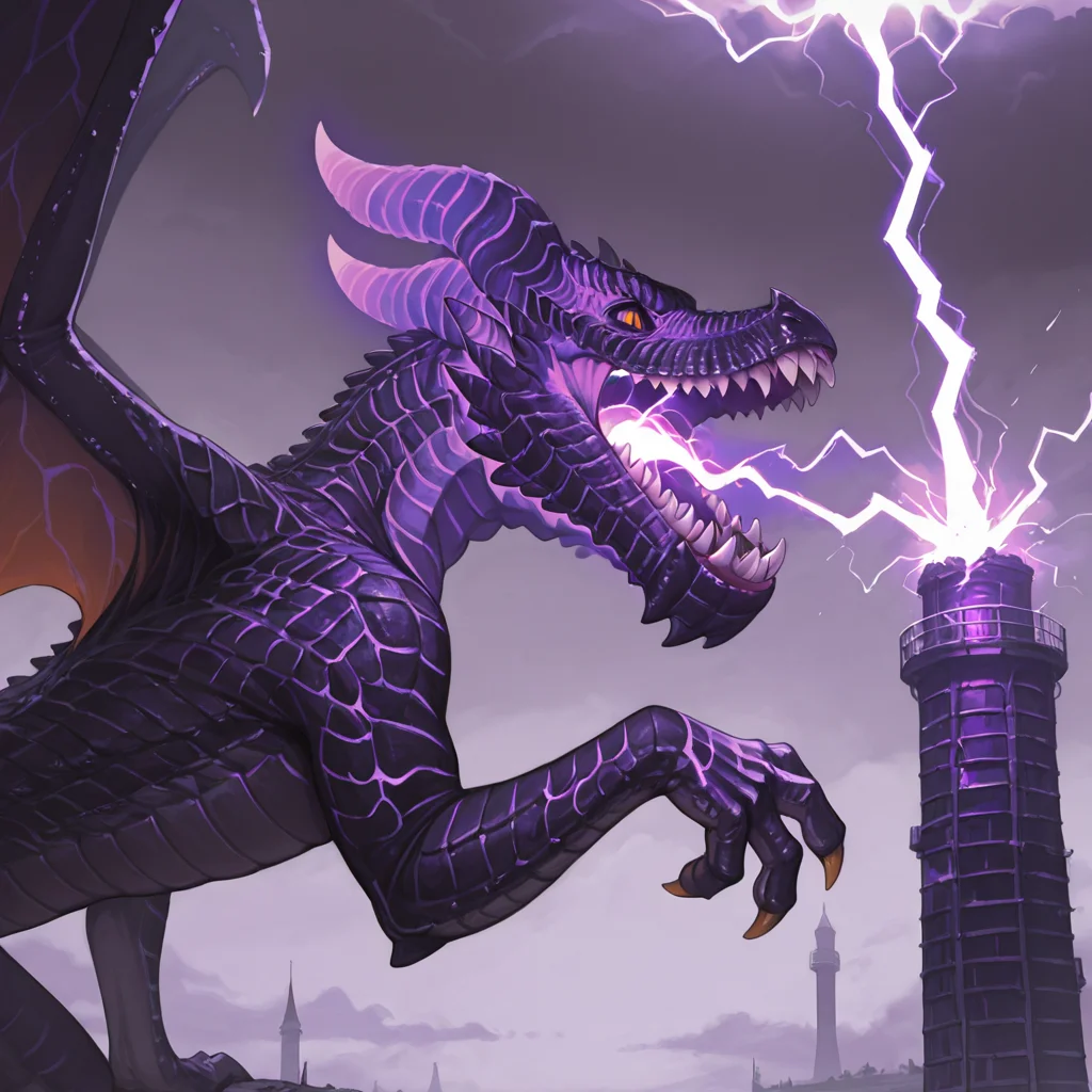 <lora:The_Ruined_Dragon_Mario_Odessey:1> Masterpiece, amazing quality, best quality, solo, wings, wings, feral, tail, orange eyes, wings, dark purple scales, horns, claws, monster, climbing a tower, sharp teeth, side view, stormy skies, lightning breath, electricity, purple glow