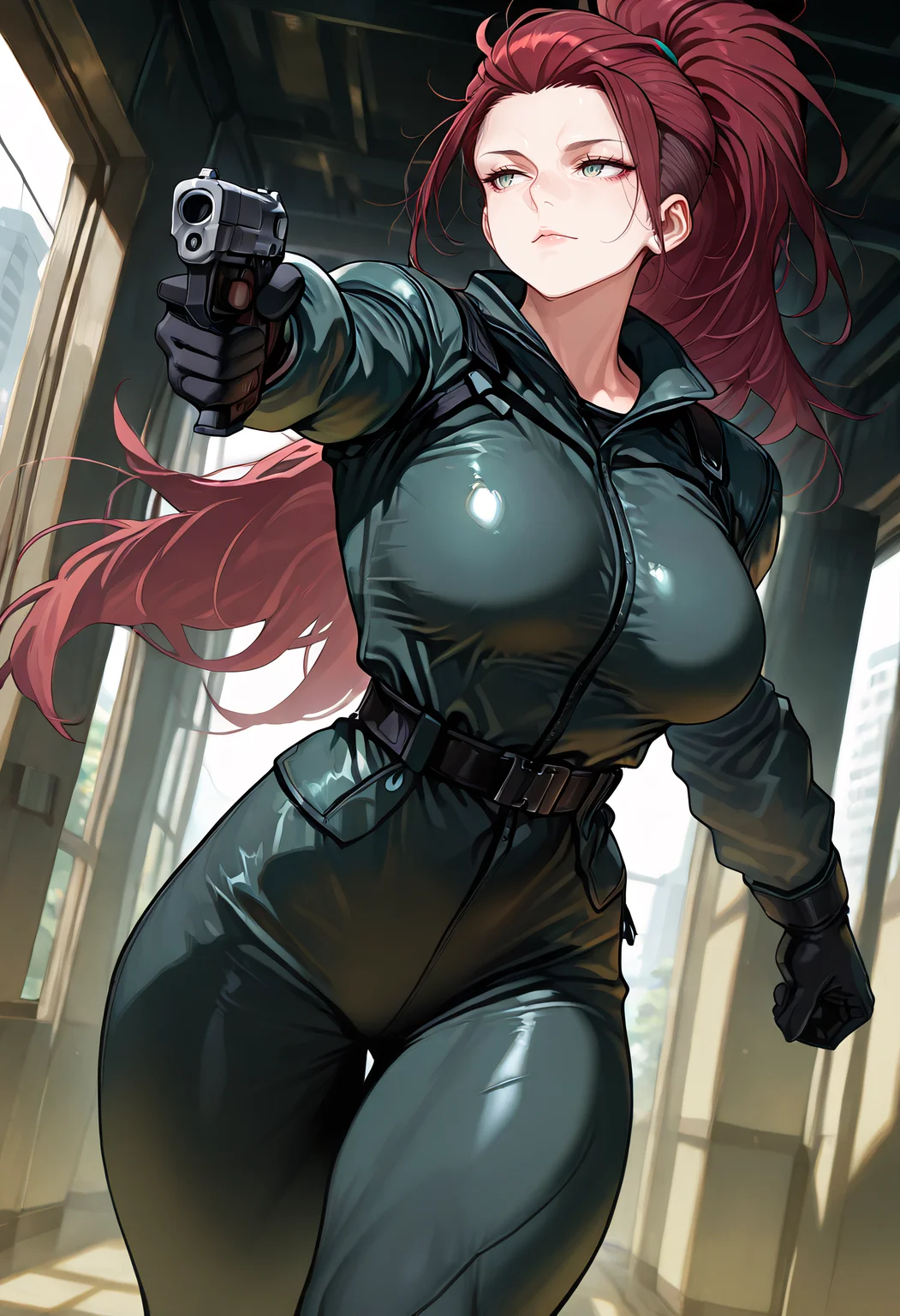 Maddyc, combat suit, wearing long leather coat, running, inside building, aiming pistol,
masterpiece, best quality, amazing quality, very aesthetic, absurdres, newest, 4k, cowboy shot, dynamic angle, (volumetric lighting),
