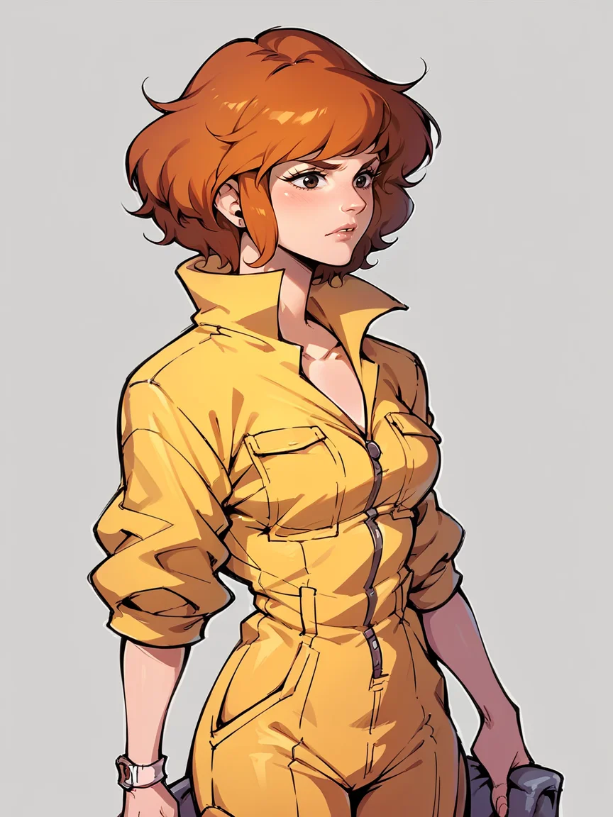 score_9, score_8_up, score_7_up, score_6_up, score_5_up, <lora:AprilONeilXLP:1> april o'neil, 1girl, solo, orange hair, short hair, jumpsuit