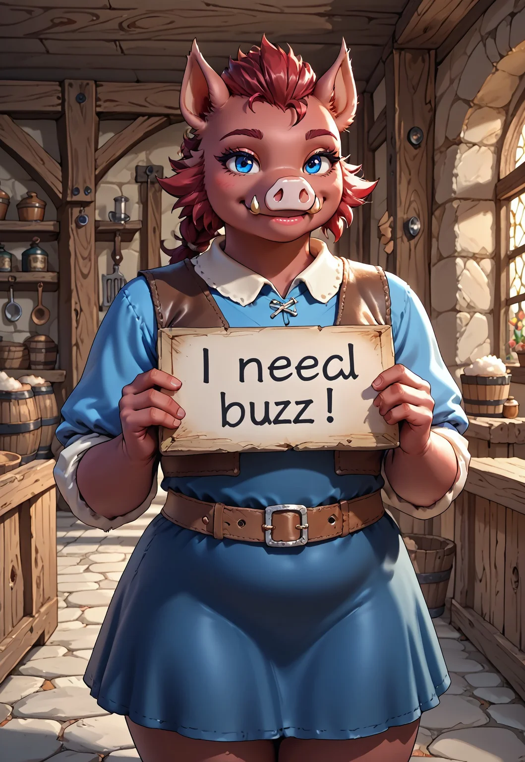 safe_pos, score_9, score_8_up, score_7_up, anthro, boar, tusks, (dark red body), blue eyes, muscular, long boar tail, furry body, solo, 1girl, extremely expressive, leather vest, blue tunic, short skirt, medieval belt, cotton skirt, buzz_please, holding sign, ((expressive smile)), sexy expression, bedroom eyes, medieval tavern , hi res, detailed eyes, eyes focus, big iris, 4k perfect eyes, perfect face, 5fingers, best artwork, highly detailed
