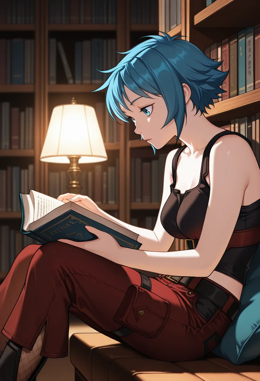 masterpiece,high quality details, ultra realistic, high detailed skin,absurdres,dim lighting, depth of field,eye catching, ambient occlusion, raytracing,detailed enviorement,
library, bookshelf, open book, reading lamp, quiet, reading, ,
<lora:Sonia_CNR:0.8>
sonia_cnr, 1girl, blue hair, short hair, blue eyes,medium breasts,, sleeveless shirt,off-shoulder top ,flared pants, ,see-through legwear,