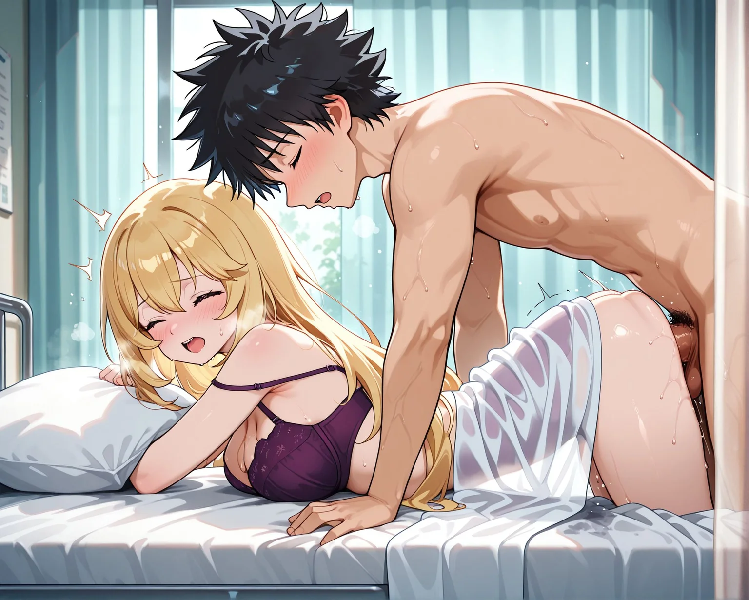 masterpiece,best quality,amazing quality,very aesthetic,absurdres,newest, huge filesize,
<lora:spo_sdxl_10ep_4k-data_lora_webui:0.5>,
<lora:add-detail-xl:1> flat color, anime coloring,  uncensored, 
<lora:Stealthy_Sex:1>Stealthy_SexV1,
breasts,hetero,
1boy, sex,
blush,closed eyes,
open mouth,stealthy sex,
sex from behind,
from side, (stealth sex:1.3), 
bra, strap slip, 
bed,  (Sheer Curtain:1.3) , (Hospital screen covering male body:1.2),
Hospital screen,hospital bed, 
BREAK
shokuhou Misaki   ,
BREAK
Kamijou Touma,