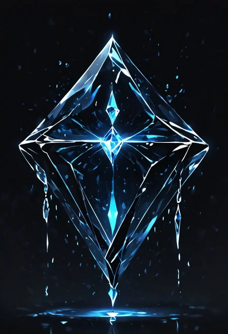 (masterpiece), best quality, Symphtia-Style, Anime, (Floating Diamond, Dripping Liquid), Black Background, No Humans, Black and Blue Theme, (Ancient Runes, Glowing Runes, Light Refraction), Symphtia-Style, Zyrnox-Exoterra Style