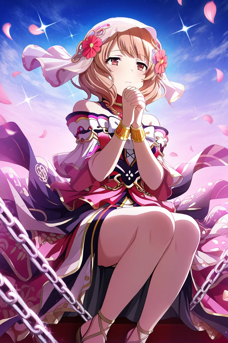 masterpiece, best quality, amazing quality,
<lora:Yuyuko_IL:1> yuyuko, 1girl, flower, solo, hair ornament, jewelry, own hands together, chain, veil, hair flower, bracelet, own hands clasped, petals, sitting, brown hair, short hair, dress, sandals, sky, bare shoulders, sparkle