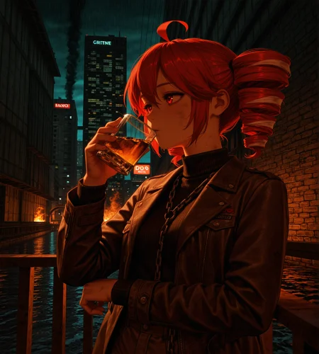 kingpin, masterpiece, best quality, amazing quality, realism, hyperrealistic, cinematic lighting, extreme close-up, upper body, kasane teto, solo, leaning on metal railing, holding glass of whiskey, sipping slowly, intense expression, confident eyes, old worn brown leather jacket, black turtleneck, brown pants with chain accessory, black boots, overlooking decaying city, futuristic art deco skyline, geometric high-rises, neon reflections, bright city lights, distant fire plumes, smoke trails, polluted atmosphere, thick smog, glowing fog, dirty ocean, sewer-colored water, industrial drainage system, visible canals, corroded metal structures, slick grime-covered railing, rainy haze, wet surfaces, night setting, ambient orange-blue lighting, cinematic depth, urban rot, gritty aesthetic, <lora:dmd2_sdxl_4step_lora:1> <lora:Kingpin_-_Life_of_Crime_Style_E17_DIM16_ILXL_V1.2:0.8>