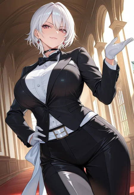 (score_9, score_8_up:1.1), score_7_up, (masterpiece:1.2), (best quality:1.3), amazing quality, very aesthetic, best aesthetic, highres, absurdres, HD, 4k, shading, newest, perfect composition, intricate details, detailed face and eyes, cel-shaded, sharp lines, Beautiful background, color vibration, shiny effect, shiny, smooth detail, scenery, alternate costume, 1girl, solo, female focus, doaChristie, white hair, earrings, choker, bow, bowtie, formal, suit, tuxedo, black jacket, gloves, pants, white sash, belt, shoes, toned, toned body, large breasts, confident, smirk, beautiful, looking at viewer, dynamic pose, standing, cowboy shot, dutch angle, masterful composition, dynamic movement, sidelighting, light particles, outside, mansion, manor, balcony, edgy, traditional media, semi realistic, hand on hip, one hand up, dramatic shadows,