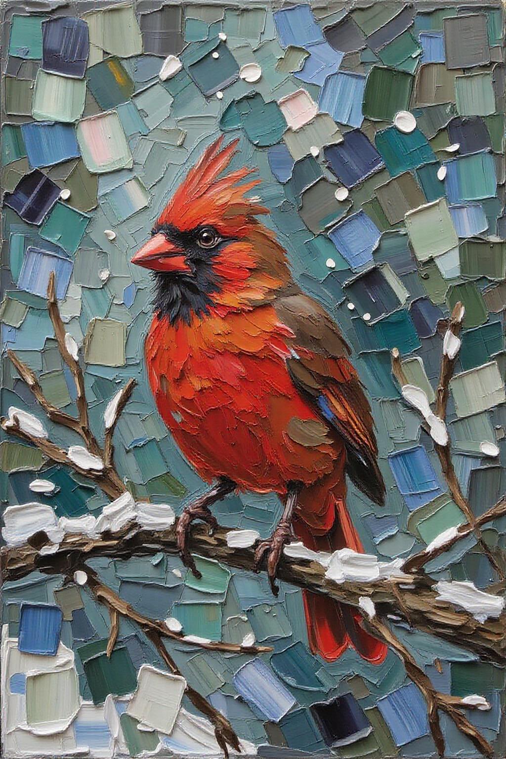impasto oil painting. a red cardinal perched on a branch during a snowstorm <lora:impasto5_nocap_d6a3:1.0> <lora:Flux-Sch-SingleBlocks-BF16:1.0><lora:803885863684639533:0>