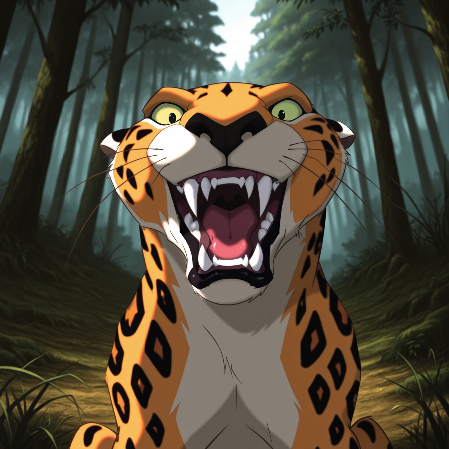 8k, uncensored, masterpiece, best quality, highly detailed, realistic, 1girl, solo, SaborTZ, furry, feral, feline, leopard, light-green sclera, black eyes, black nose, whiskers, orange body, orange fur, white body, white fur, two tone body, two tone fur, black spots, spotted body, upper body, angry, fangs, teeth, open mouth, (looking at viewer, sitting, forest, afternoon, grass, detailed background, front view, close-up, wide eyes, (dutch-angle)