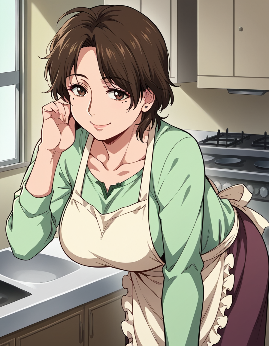 score_9, score_8_up, score_7_up, source_anime,
bokunoshiranaihahasaori, <lora:boku-no-shiranai-haha-saori-manga-ponyxl-lora-nochekaiser:1>,
saori, short hair, large breasts, brown hair, brown eyes, mole, mole under eye, mature female, parted bangs,
apron, frilled apron, shirt, long sleeves, green shirt, collarbone, skirt,
indoors, kitchen, bent over, smile,
cowboy shot, solo, dutch angle, looking at viewer,